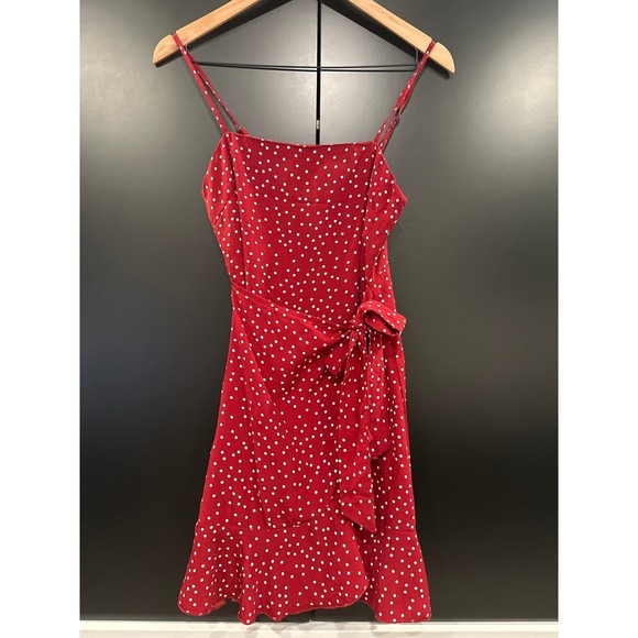 Princess Polly Dresses & Skirts - Princess Polly Red Polka Dot Mini Dress Wrap Ruffle Hem Size 4